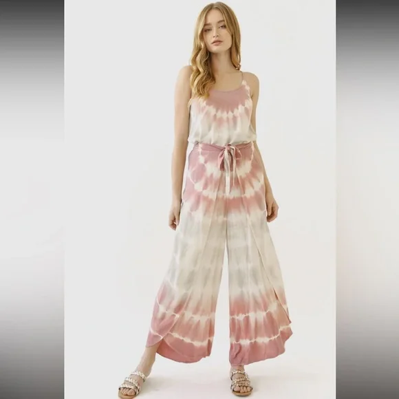 176. NEW Item Tie Dye Cami & Wrap Pants Set Mauve Pink & Stone NEW - Picture 2 of 11